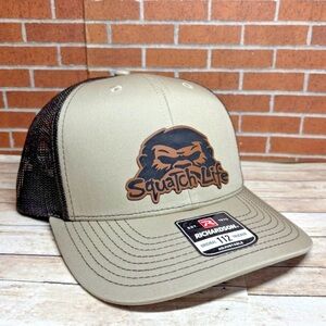 Richardson 112 Squatch Life Bigfoot Leatherette Patch Trucker Hat Khaki/Coffee